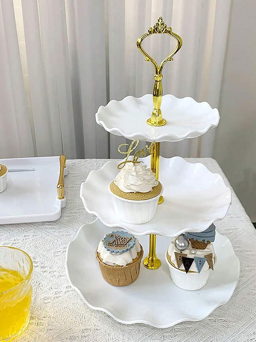 3-Tier Cupcake Stand - White Embossed Elegant Dessert Cake Display Stand - For Tea Sets, Candy, Cookies, Pastries, Weddings, Parties, Gifts, Christmas And Birthday Cakes - White - View 1