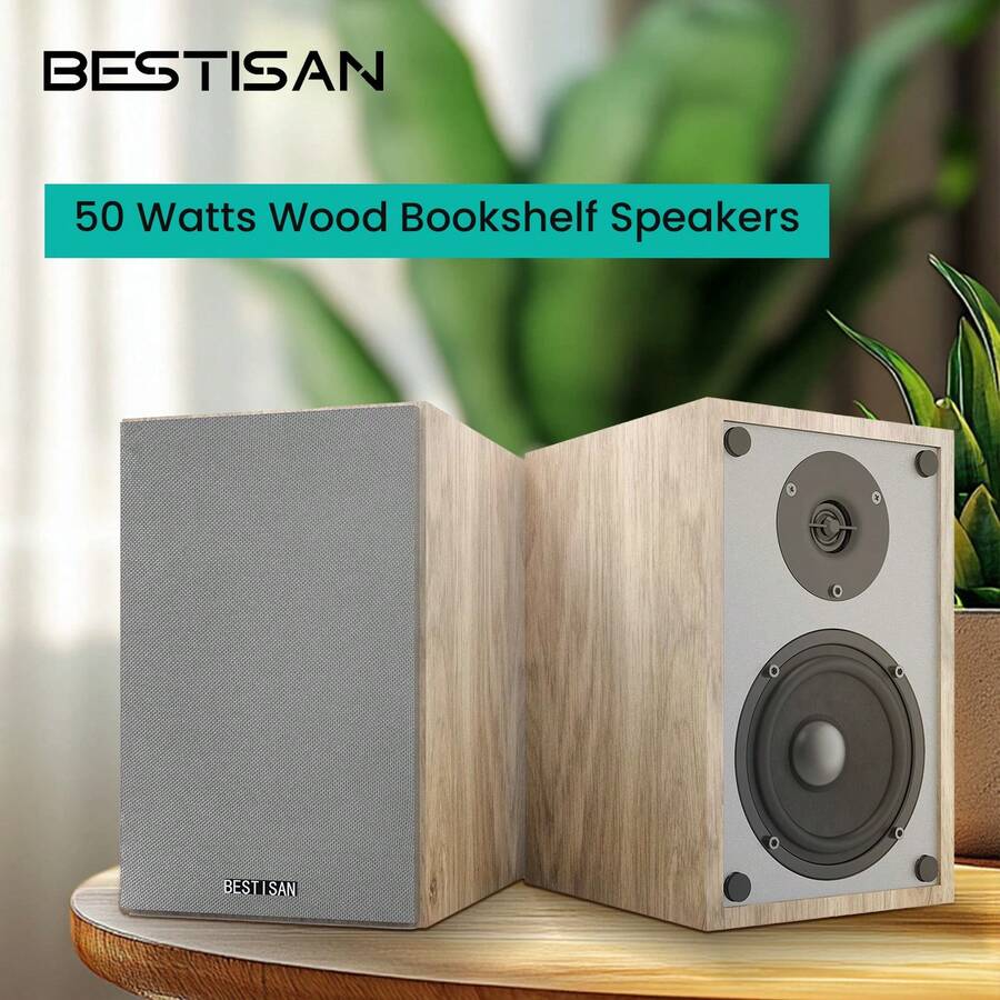 2 * BESTISAN Bookshelf Wireless Speaker/Computer Speakers, Loud Stereo Audio, Powered 2.0 Stereo 50W Home Audio Bookshelf Stereo Speakers For Turntables, Record Player, Desktop, TV, RCA Input, Wooden Enclosure, Pair - US A Type Plug(110-127V) - View 1