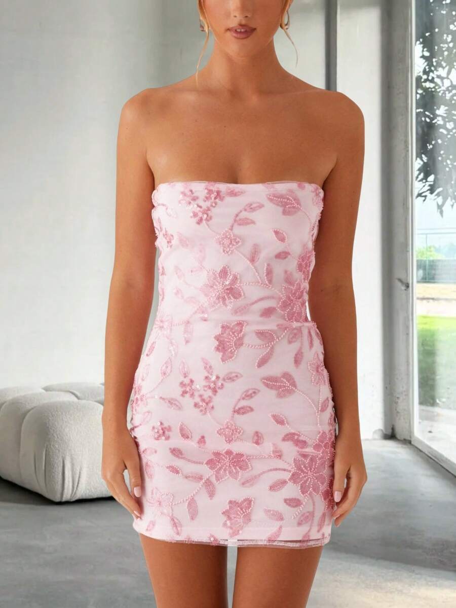 Women Sequin Beaded Tube Mini Dress Y2k Sparkly Floral Strapless Bodycon Short Dress Glitter Sexy Off Shoulder Sleeveless Backless Going Out Dress Party Clubwear - Hồng - Xem 1