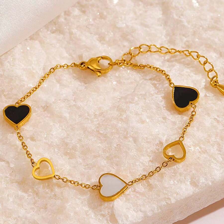 1 Stück elegantes Edelstahl-Armband, schwarz & weiß herzförmig, mit Harz-Einlage, modischer Schmuck für Damen, Geschenk für den täglichen Gebrauch und besondere Anlässe