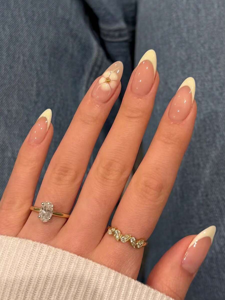 24片杏仁形法式美甲贴纸，花卉金色仿珍珠设计，适合春夏美甲，易于佩戴的亚克力假指甲套装包含1瓶甲油胶和1把指甲锉，适合女性和女孩日常生活及派对场合的美甲用品。 - 彩色 - 查看 1
