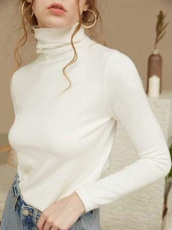 Knit Mix 优雅女士纯色高领长袖针织衫，适合秋冬季节，修身通勤风上衣，情人节理想之选，低调复古奢华风，百搭休闲，返校季秋季时尚，秋冬圣诞毛衣，新年必备