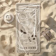 حوله شاطئ ناعمة جداً قابلة للتخصيص قياس كبير ، خفيفة الوزن ، سريعة الجفاف ، مناسبة للسباحة والتخييم والنزهة - مطبوعة باسمك - باللون الأبيض والوردي مع رسومات إكسسوارات الشاطئ