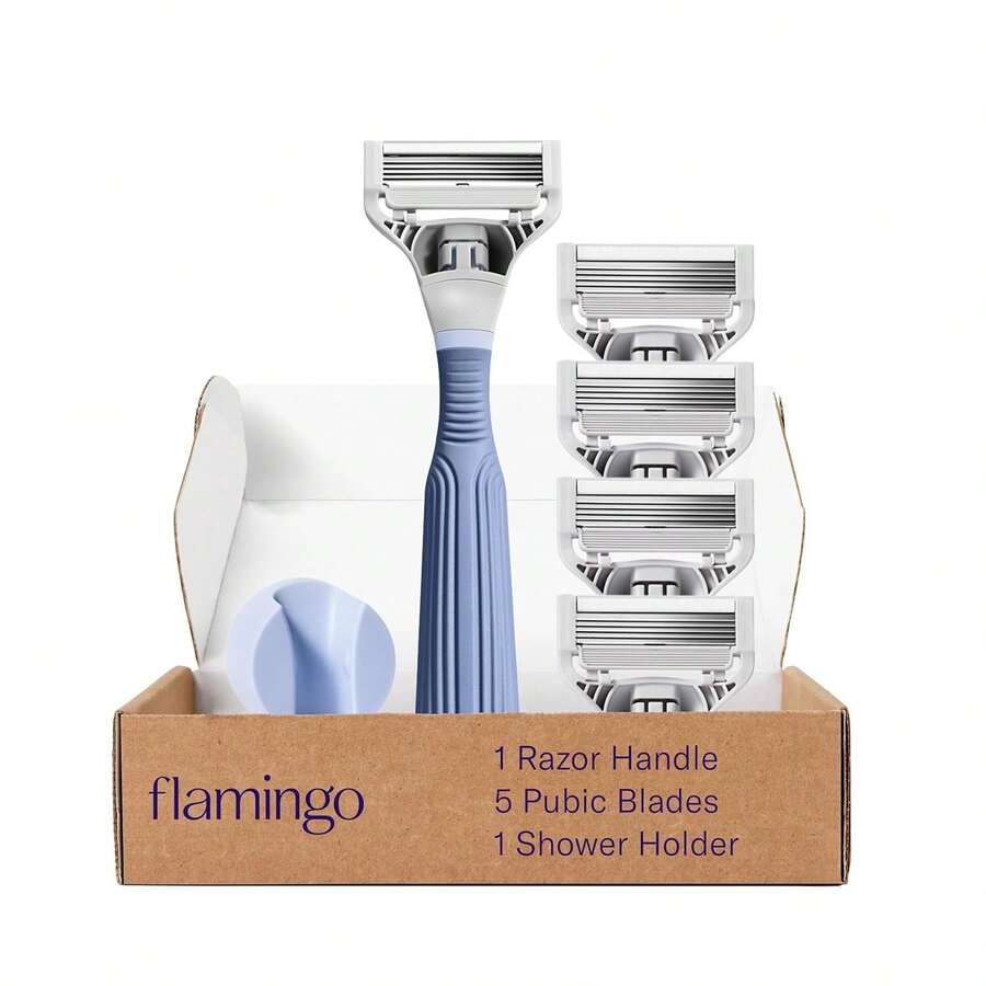 Flamingo Pubic Hair Razor For Women, Shaving Kit, 1 Pubic Razor Handle, 4 Five-Blade Refills, 1 Shower Holder, Starter Set, Full Kit - Razor Set - 查看 1
