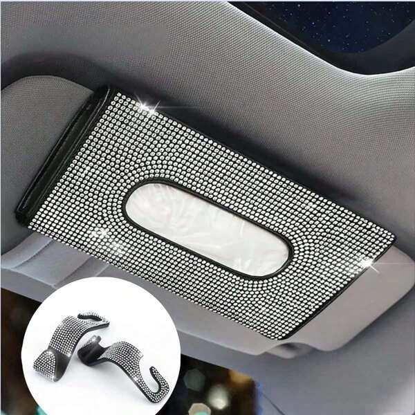 Caixa De Lenços De Papel Com 3 Peças Brilhante Com Glitter E Protetor Solar, + Gancho De Carro Cravejado De Diamantes Com Clipe Para Ingresso * 2 Bolsas De Lenços Para Banco Traseiro