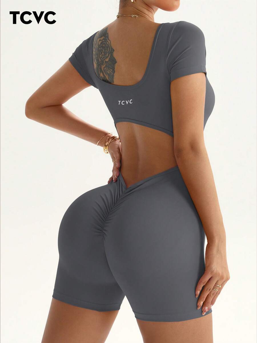 女士性感露背短袖连体裤，无缝针织连体裤，适合室内/室外运动和瑜伽，亲肤面料，紧身显瘦，夏季必备 - 灰色 - 查看 1