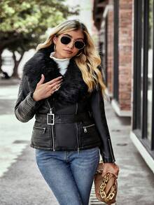 Risissida Women's Faux Leather Jacket For Autumn, Detachable Fur Collar, Motorcycle Style Jacket With Faux Fur Collar, Comes With Belt - Black - View 7
