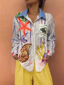 海星光2025波西米亚假日春夏女装超大时尚休闲舒适度假梦幻海洋独特印花纽扣口袋衬衫