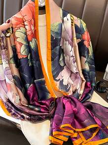 1 pieza Bufanda larga de seda con estampado floral, accesorio de moda para mujer