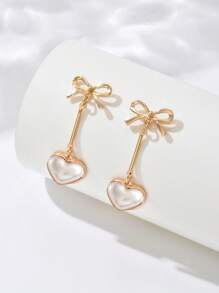 1 Pair New Elegant Women's Earrings, Fashion Golden Geometric Heart Faux Pearl Bow Pendant Mixed Design Earrings, Suitable For Daily, Festivals, All Seasons, High-End Gift