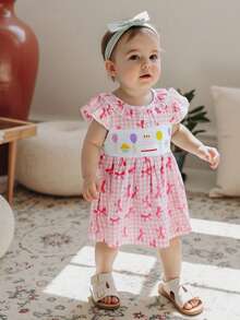 Baby Girls Dress Birthday Clothes Birthday Cake Balloon Embroidered Doll Collar Fly Sleeve Casual Dress Infant Dress - Pink - View 4