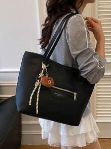 1 pezzo Borsa a tracolla tote di grande capacità, minimalista, borsa da scuola/viaggio casual con cerniera e decorazione a pendente a cartone animato