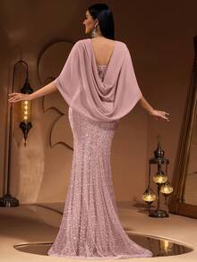 Đầm maxi đuôi cá tay bồng sang trọng, cao cấp, đính sequin, ren và voan, kiểu dáng thời trang mới dành cho nữ, thích hợp cho tiệc tùng, thảm đỏ, đám cưới, cô dâu, hoặc dịp Lễ Tình nhân mùa xuân. - Màu Hồng baby - Xem 3