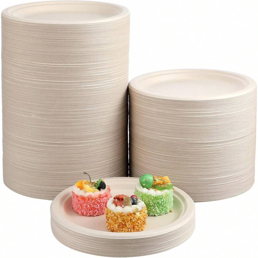 50pcs 6/8 Inch Thick Plates, Sugarcane Fiber Paper Plates, Cake Dessert Plates, Barbeque Plates For Home Kitchen Restaurant Picnic Camping Party, Party Supplies, Tableware - Multicolor - View 1