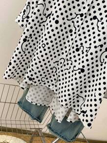 Women's High-Low Hem Polka Dot Print Longline Collared Shirt - Stage-Ready Concert Blouse For Date Nights/Festivals/Travel, All-Season Versatile Oversized Top With Front-Crop Design