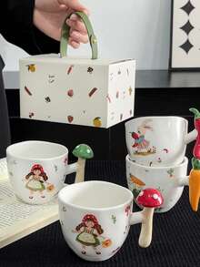 Tazas con asas de verduras creativas, tazas de cerámica con diseño de apretón de manos de dibujos animados lindos, elegantes tazas de leche/café para uso en el hogar y de vuelta a la escuela - opción múltiple - Ver 11