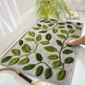 1 st. mikrofiberbadrumsmatta med grönt lövmönster, halkfri och supermjuk badrumsmatta, dörrmatta, vattenabsorberande badrumsmatta, maskintvättbar, låg lugg, TPR-baksida, stickat tyg, för badrum, sovrum, kök, entré, inomhus- och utomhusbruk, badrumstillbehör och inredning, perfekt present till nya hem.