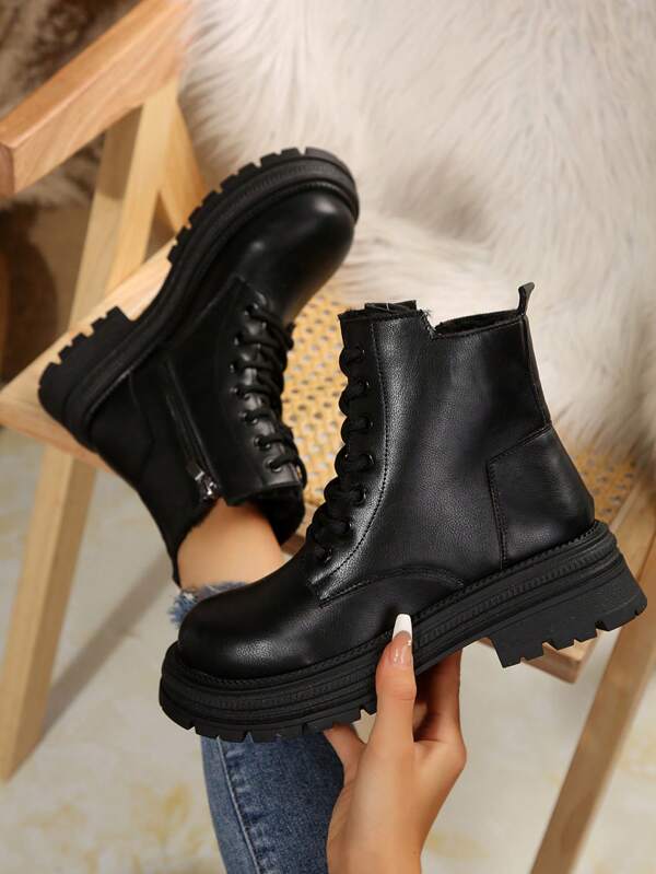 Botas de Moda Feminina de Estilo Preppy, Botas Ankle com Forro Térmico e Zíper Lateral, Botas Femininas de Cano Médio, Sola Grossa Anti-Derrapante, Botas Casuais de Inverno