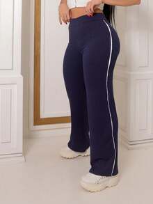 Women's Ribbed Pants With Side Detail White Cotton And Elastane Comfortable Casual Women's Fashion - 藍色 - 查看 2