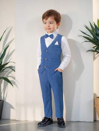 四件套男童圣诞套装，修身西装套装，包括白色衬衫、纯色马甲、领结和裤子，适合男孩的绅士正装、婚礼花童服和节日服装。
