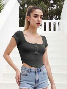 Women's Button Up Crop Top Ribbed Scoop Neck Cap Sleeve Shirt Slim Fit Summer Blouse For Casual Streetwear - 黑色 - 查看 7