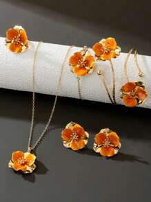 6Pcs Romantic Soft Orange Drippy Flower Decor Necklace, Earrings, Ring, Bracelet Jewelry Set
