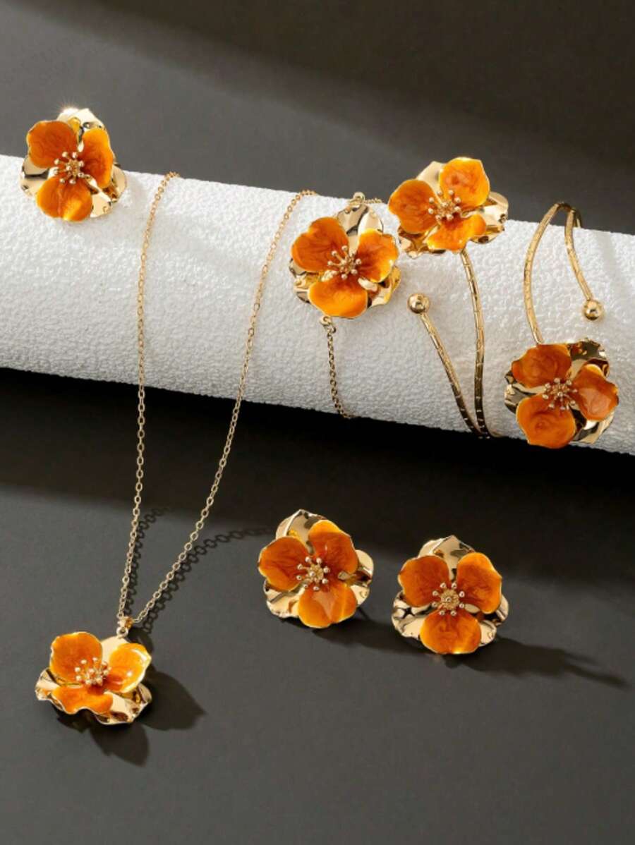 6Pcs Romantic Soft Orange Drippy Flower Decor Necklace, Earrings, Ring, Bracelet Jewelry Set