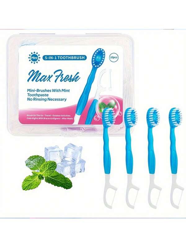 10pcs Disposable Mini Travel Toothbrush Set, 5-In-1 Mini Toothbrush + Floss + Toothpaste + Tongue Scraper + Toothpick, Pre-Pasted Travel Toothbrush With Mint Bead