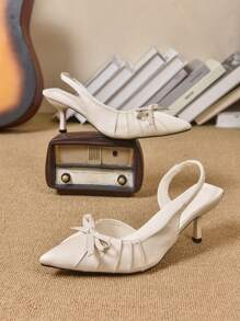 Elegant French Bow Accent White High Heel Dress Shoes, Chic Beige Pointed Toe Mule High Heels For Wedding, Work Attire