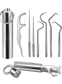 8pcs Metal Reusable Toothpicks Set, Includes 3 Long Toothpicks, 3 Short Toothpicks, 1 Dental Floss, Portable Carrying Tube. Compact Size And Lightweight Stainless Steel Design For Easy Storage In Pocket, Bag Or Travel Kit. Alternative To Disposable Options, Easy To Clean.