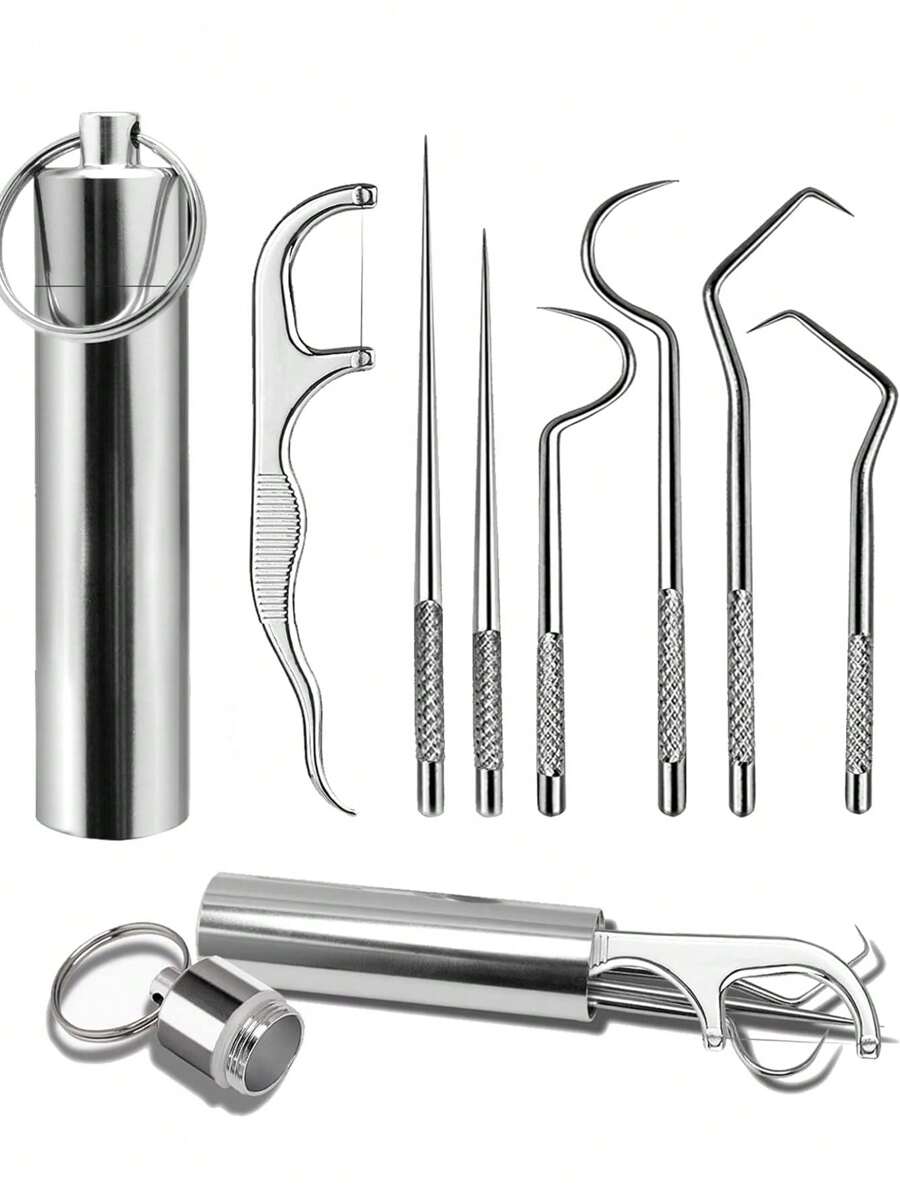 8pcs Metal Reusable Toothpicks Set, Includes 3 Long Toothpicks, 3 Short Toothpicks, 1 Dental Floss, Portable Carrying Tube. Compact Size And Lightweight Stainless Steel Design For Easy Storage In Pocket, Bag Or Travel Kit. Alternative To Disposable Options, Easy To Clean.
