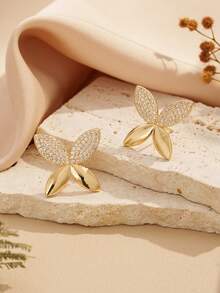 2Pcs Elegant 14K Gold Plated Butterfly Stud Earrings With Cubic Zirconia And Bow Design – Statement Jewelry Gift For Special Occasions And Everyday Wear – Women's Luxury Jewelry - Multicolor - View 4