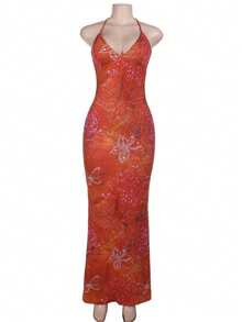 女士性感印花度假连衣裙，适合派对、海滩、旅行、夏季 - 橘色 - 查看 8