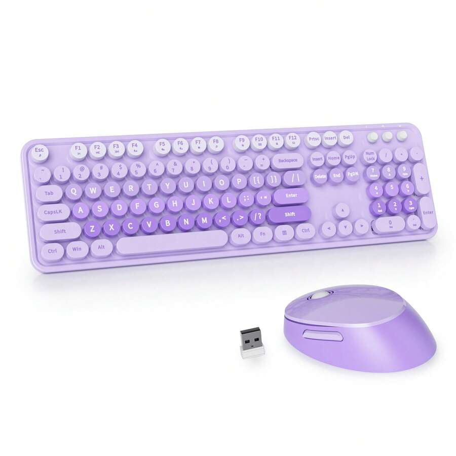 Wireless Keyboard And Mouse Set, Cute Keyboard And Mouse Combo, Full Size Typewriter Keyboard With Number Pad, Colorful Keyboard With Round Keycaps For Windows PC Laptop - 紫色 - 查看 1