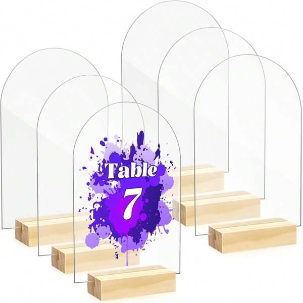 5 Packs 4x6 Inch Blank Clear Arch Acrylic Sign With Wooden Stands, Arched Round Top Acrylic Sheet, Blank Clear Arch Signs, DIY Acrylic Arch Table Numbers, For DIY Name Card Gifts Event Party Sign Decoration, Wedding Reception, Centerpiece, Decoration, Party, Anniversary, Event