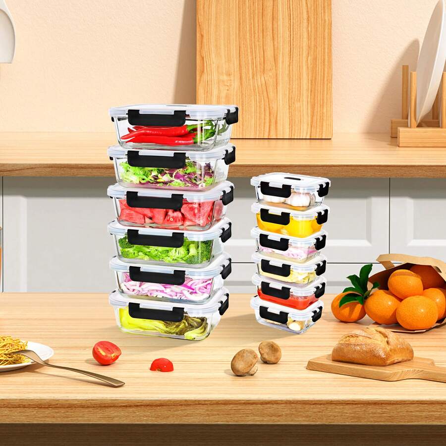 ERUIV Set Of 12 Glass Containers For Food Storage, Glass Storage Containers, Storage Containers For Kitchen And Restaurant With High-Quality Plastic Lids - Leak-Proof And Reusable (6 X 1040 + 6 X 370 Ml Containers) - 透明黑6x1040+6x370ml - 查看 1