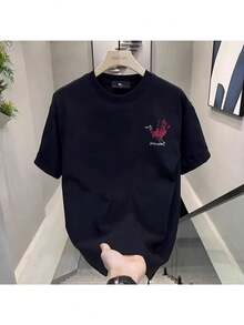 2025 新しいメンズ 100% コットン半袖 T シャツ - 220 グラム軽量通気性ラウンドネック幾何学プリント、レギュラーフィットカジュアルサマートップ - ブラック - チェックする 2