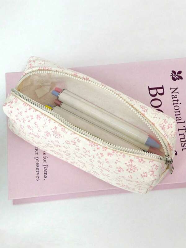 1PC Small And Fresh Dark Blue Floral Print Pencil Case, Natural Style Cosmetic Bag, Ins Style Highly Attractive Student Desktop Stationery Storage Bag, Back To School, School Supplies, Pencil Pouch, School Bag