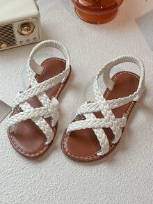 1 双儿童白色复古编织凉鞋，适合 3-12 岁儿童 | 弹性抽绳透气编织，适合公园/学校/海滩/户外/派对/表演等各种场合！ - 米色 - 查看 2