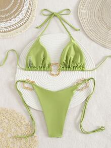 Avocado-Grünes sexy rückenfreies Bikini-Set mit Bindebändern, metallischer Schnallenverzierung, dehnbarem atmungsaktivem Stoff, geeignet für Frauen, geeignet für Ostern, Party, Musikfestival, Valentinstag; Damen Strandoutfit; Damen Abschlussfeier Urlaubsoutfit; Elegante Damen Strandbademode; Damen Strandbikini Bademode; Damen Bademode; Damen Badeanzug; Sommerurlaubsoutfit Urlaub - Grün - Übersicht 2