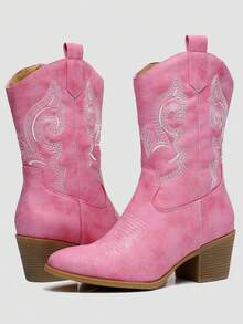 GLOBALWIN Women's Mid Calf The Western Cowgirl Boots Fashion Cowboy Boots For Women Chunky Low Heel Fall Boots Halloween Season - 粉色 - 查看 1