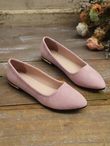 女士平底乐福鞋，尖头一脚蹬鞋，软底低跟休闲防滑工作平底鞋，时尚粉色轻便透气纯色鞋（如果您脚宽，请选择大一码） - 粉色 - 查看 1