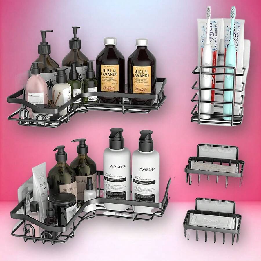 3 Pack Corner Shower Caddy Adhesive Organizer Pink Adhesive Shower Organizer For Bathroom Storage, Rustproof Stainless Steel Shower Shelves, No Drilling, Space-Saving Shower Rack Shelf For Inside Shower, Pink - 黑色 - 查看 1