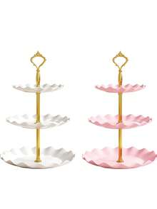 3-Tier Cupcake Stand - White Embossed Elegant Dessert Cake Display Stand - For Tea Sets, Candy, Cookies, Pastries, Weddings, Parties, Gifts, Christmas And Birthday Cakes - White - View 2