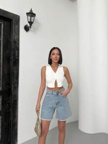 Women's High Waist Jeans Shorts Bermuda Casual Frayed Hem Light Wash Jeans Shorts With Pockets - Blue - View 5