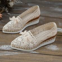 Women's Fashion Pointed Toe Loafers, Woven Lace Bow Decor Slip-On Flats - Beige - View 6