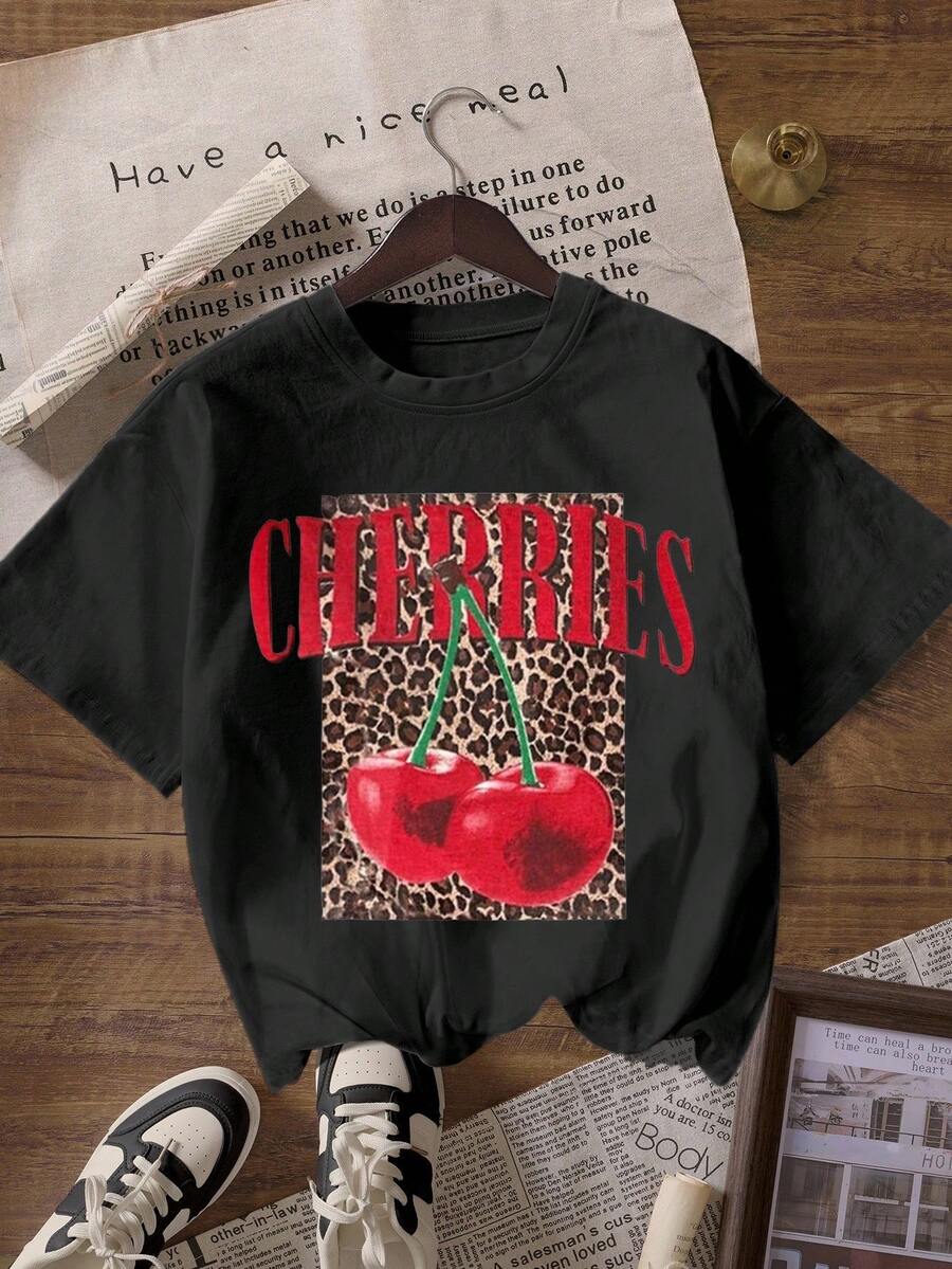 豹纹和樱桃印花标语圆领休闲短袖女式 T 恤 - 黑色 - 查看 1
