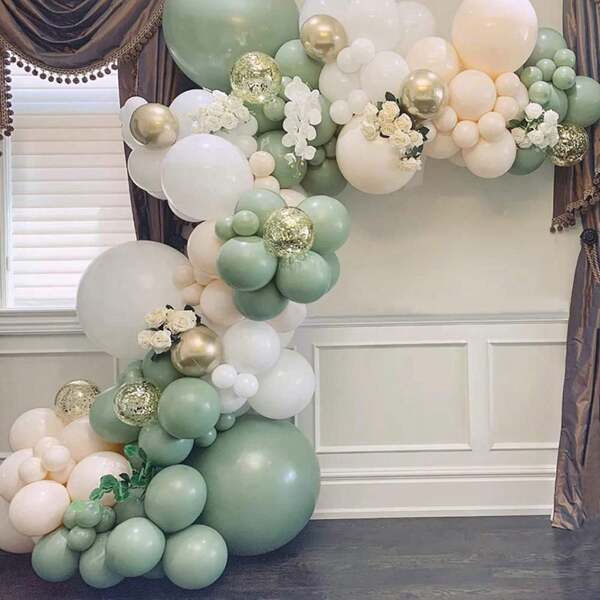 Sage Green Balloon Arch Kit - 108pcs Green And White Latex Balloon Garland With Metallic Gold Confetti Balloons For Birthday Decoration, Engagement, Wedding, Christening, Jungle Party