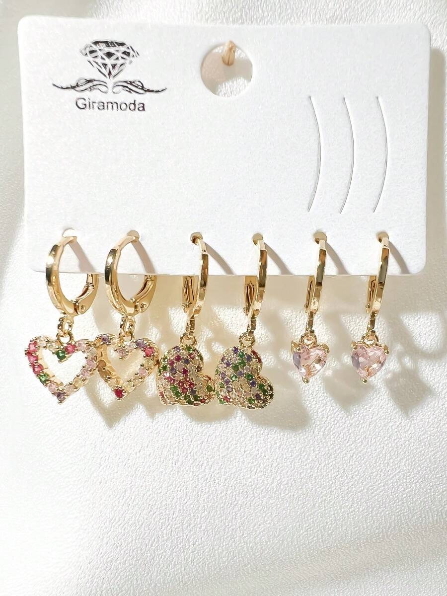 Kit Of 3 Earrings Studded With Zirconia Stone, Small Hoop, Heart Pendant, 18k Gold Plated And 925 Silver - 40 - 查看 1