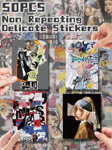 50pcs Fashion Art Themed Stickers Non-Repeating Delicate Decoration For Holiday Gift Party Decors Home Decor Birthday Gift Luggage Scooter Hand Account Water Bottle Cups Laptop Tablet Phone Case Very Funny Stickers School Supplies, Back To School